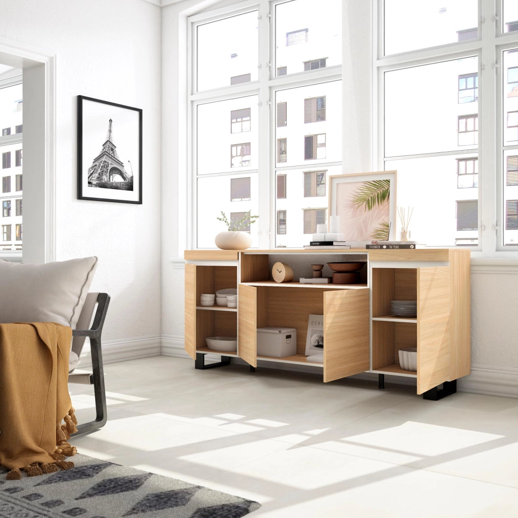 Credenza, Mobile, Cucina, 200x87x35cm, 4 Porte, Design industriale, Rovere soft e bianco