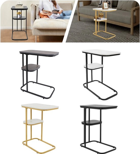 Tavolo di complemento a forma C - 2 strati - tavolo salotto - Nero/Grigio/Bianco - Cornice dorata