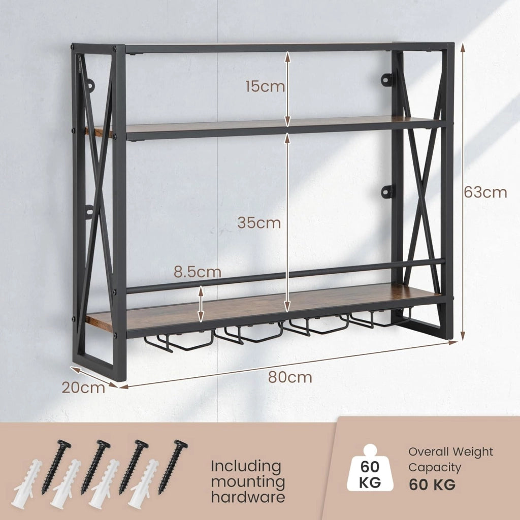 Scaffale per Vino da Parete, Portabottiglie a 3 Livelli, Portabottiglie da Vino con Supporto in Vetro, per Cucina, Casa, 80x20x63 cm