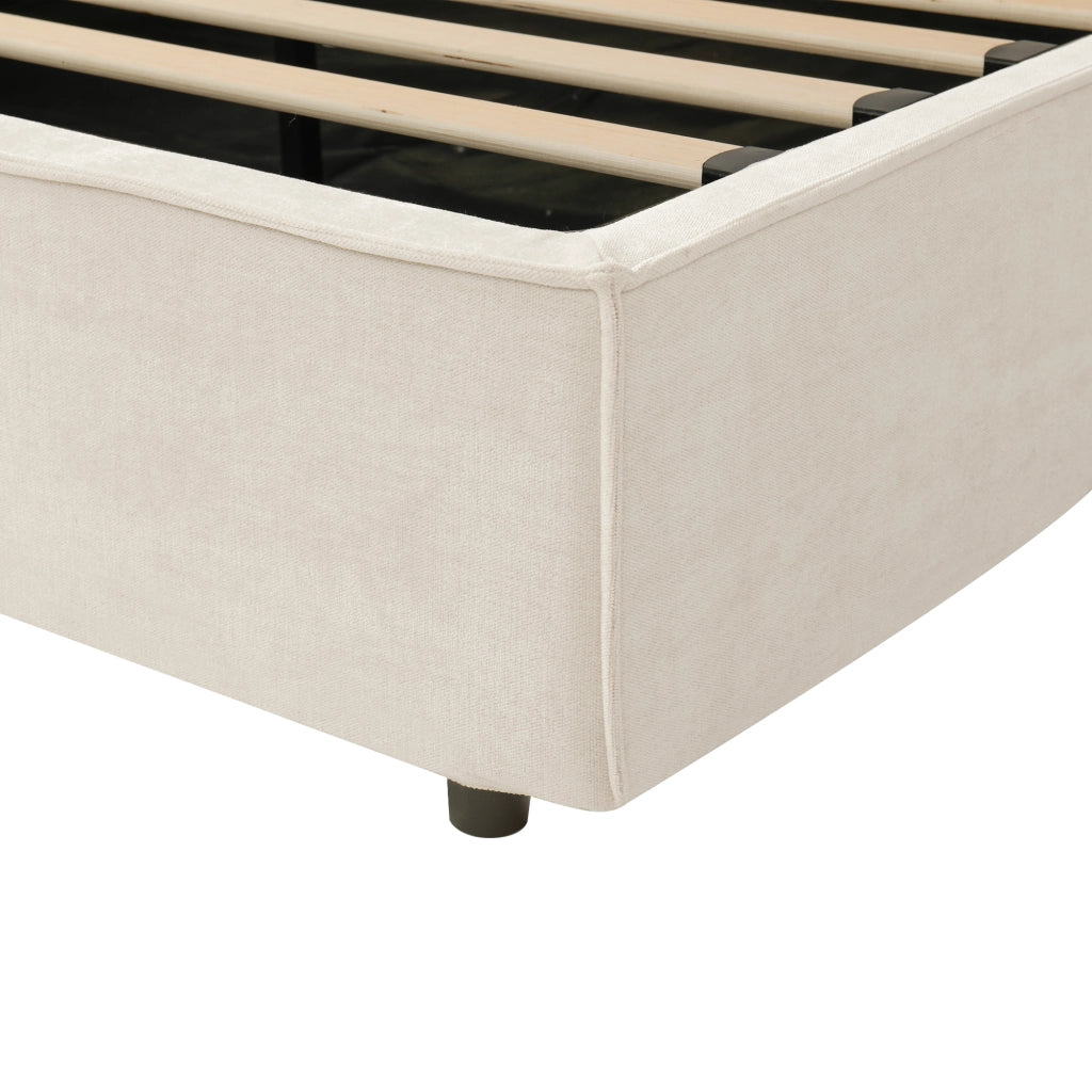 Letto matrimoniale 160x200 cm con contenitore idraulico, rete a doghe, testiera imbottita, rivestimento in chenille beige