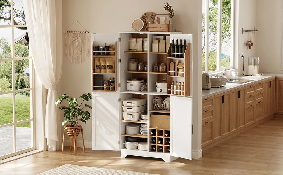 Mobile contenitore cucina alto 80×40×180 cm, 4 ante stile granaio, portabottiglie, MDF bianco/naturale