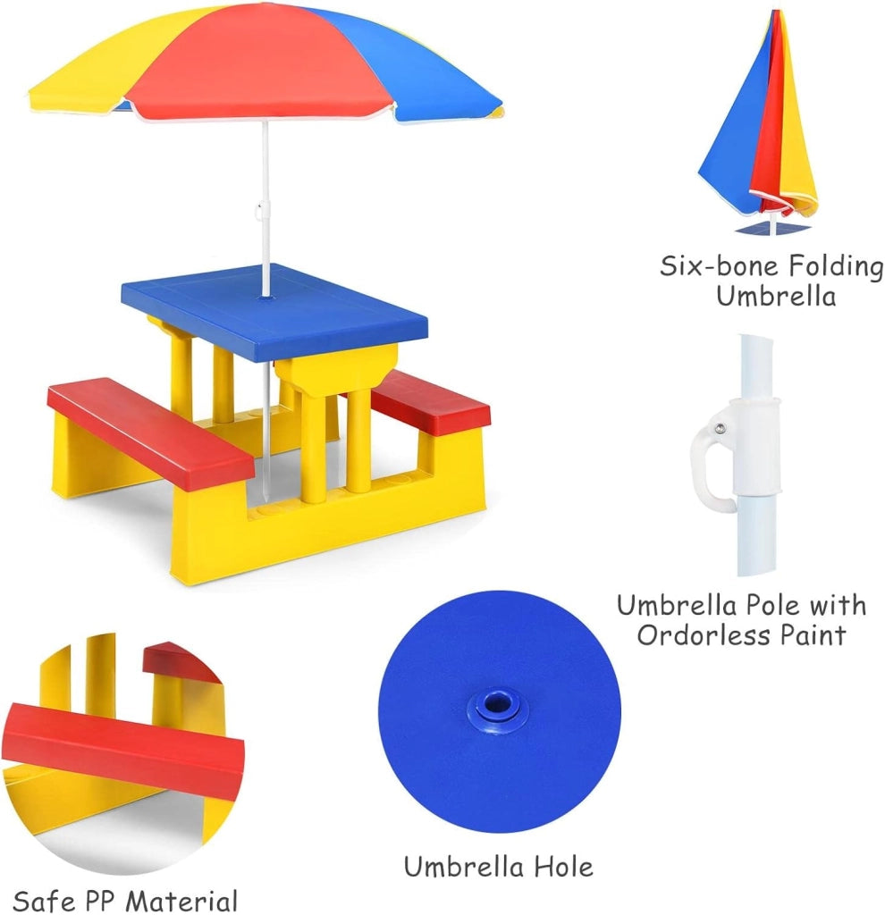 Set di sedie per bambini con ombrellone, mobili per bambini con 1 tavolo e 2 panche, set per bambini in polipropilene, set da picnic per parco, giardino, campeggio, blu, rosso, giallo