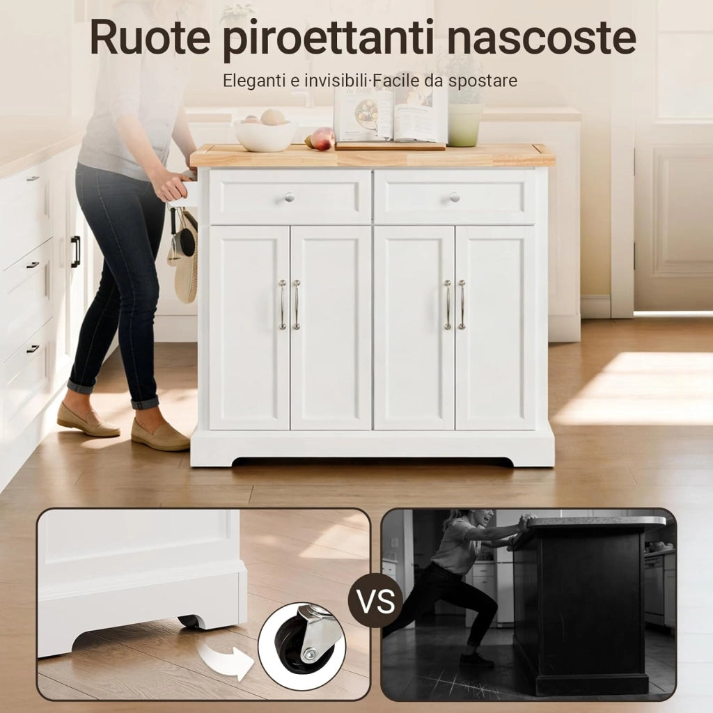 isola cucina con ruote carrello da cucina con piano di lavoro pieghevole mobile cucina con ruote penisola cucina piano lavoro Bianco 115x92x(46-71) cm FKW71-III-WN