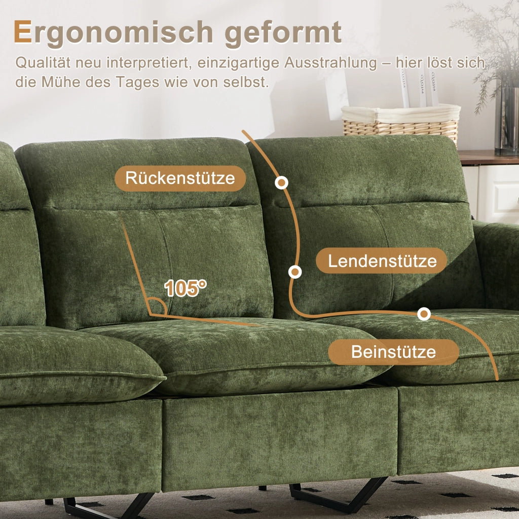 Divano panoramico a U modulare con contenitori e tasche laterali in chenille verde per famiglia 261 × 77 × 86 cm