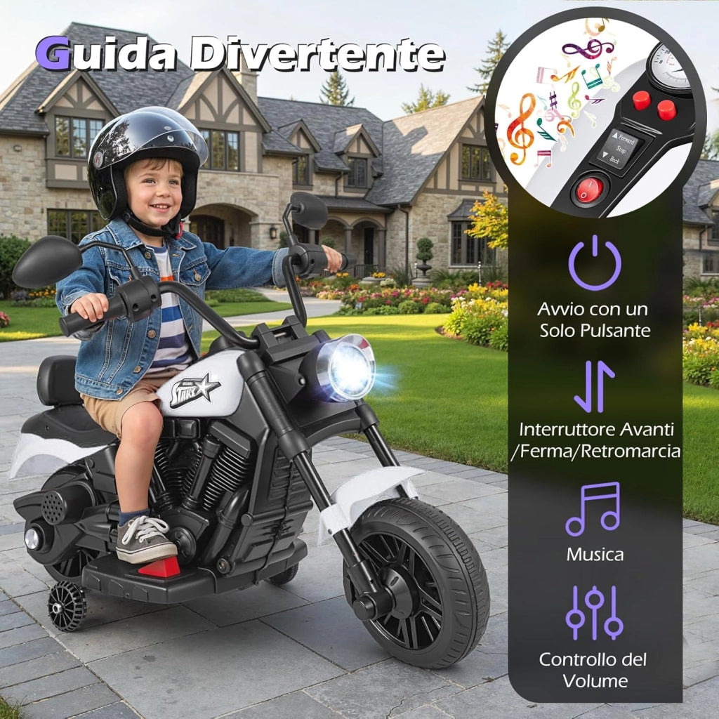 Moto Elettrica per Bambini, 6V Moto Cavalcabile con 2 Ruote di Supporto, Pedale, Fari e Musica, 2,4 km/h, per Bambini 3 Anni+, 79x58x56 cm (Bianco)