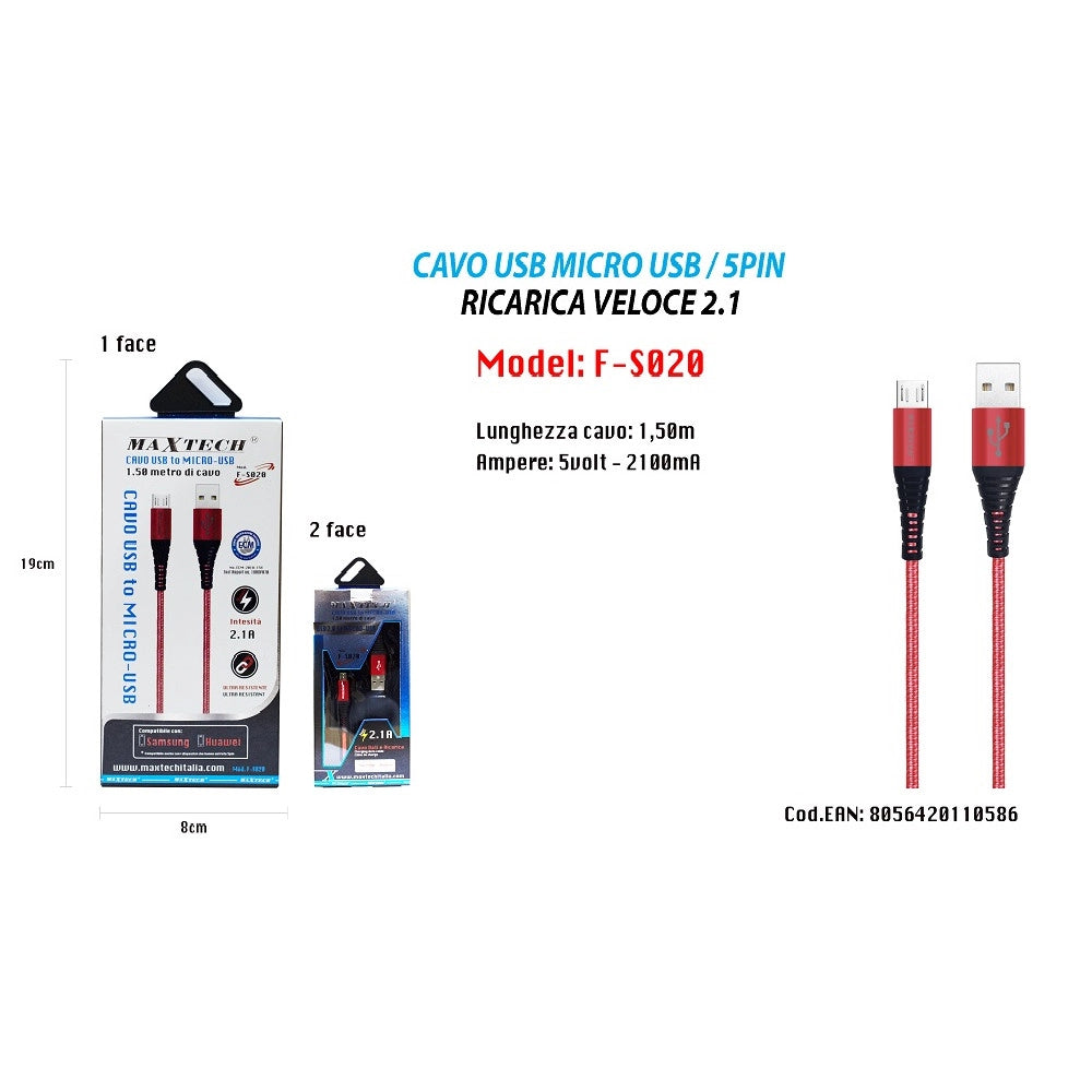 Trade Shop - Cavo Micro Usb 1.5mt Dati Caricabatteria Usb Per Samsung Huawei Maxtech F-s020 -