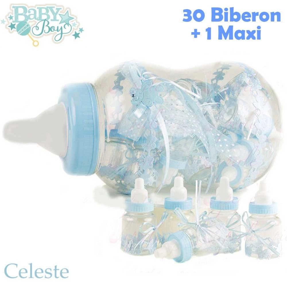 Trade Shop - Maxi Biberon Porta Confetti Celeste Idea Nascita 30 Pezzi Baby +1 Maxi Battesimo -