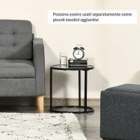 Set di 2 Tavolini da Salotto Rotondi Impilabili in Acciaio ed Effetto Marmo, Nero