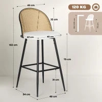 Set di 2 Sgabelli da Bar con Schienale in Rattan, Sedile Rivestito in Tessuto Teddy, Telaio in Acciaio e Poggiapiedi, Crema