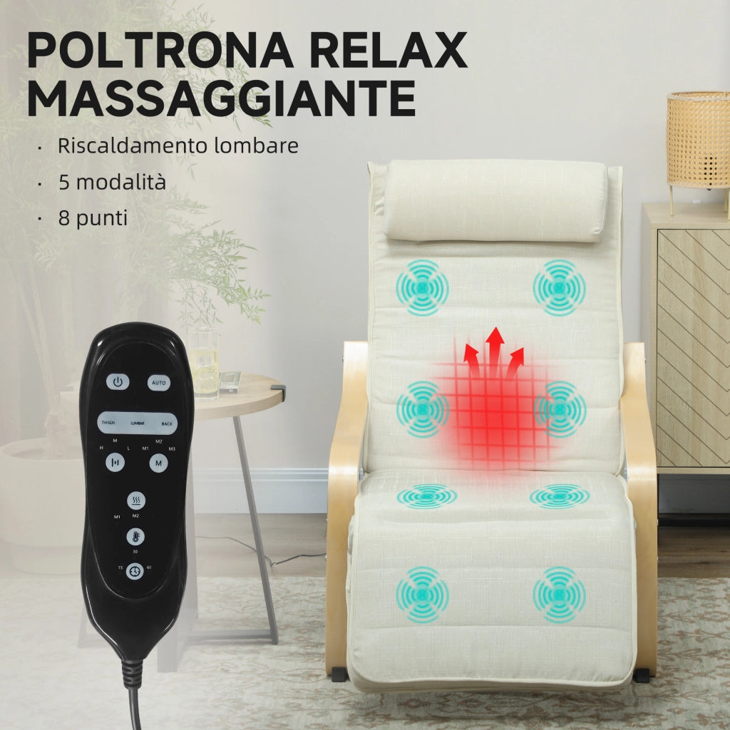Poltrona Relax Riscaldante e Massaggiante 67x95x101 cm con Poggiapiedi Regolabile e Telecomando Struttura in Legno Crema