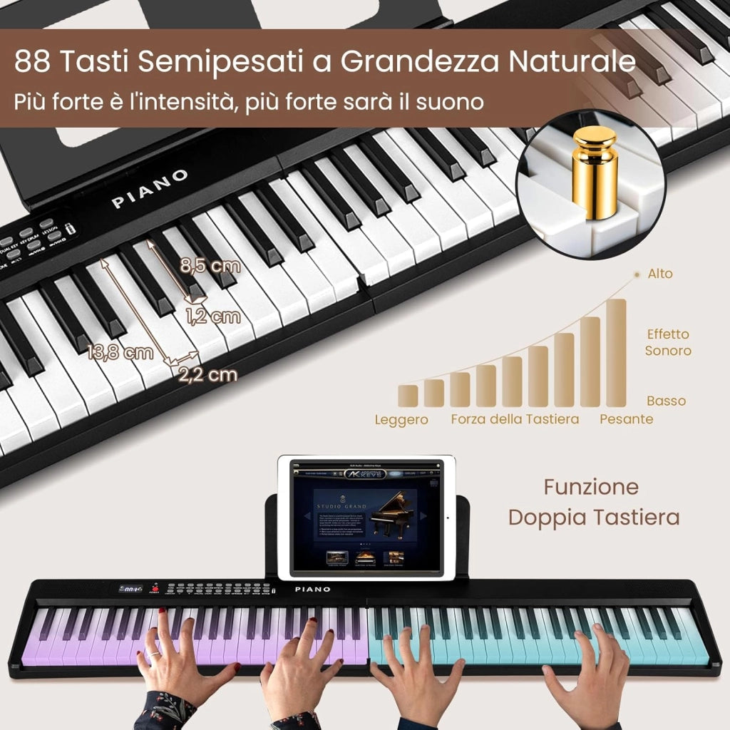 Pianoforte Elettronico Pieghevole a 88 Tasti, Piano Digitale con MIDI, 1000 Ritmi, 1000 Timbri, 150 Canzoni Demo, Registrazione, Batteria e Borsa da Trasporto per Bambini, Adulti (Nero)