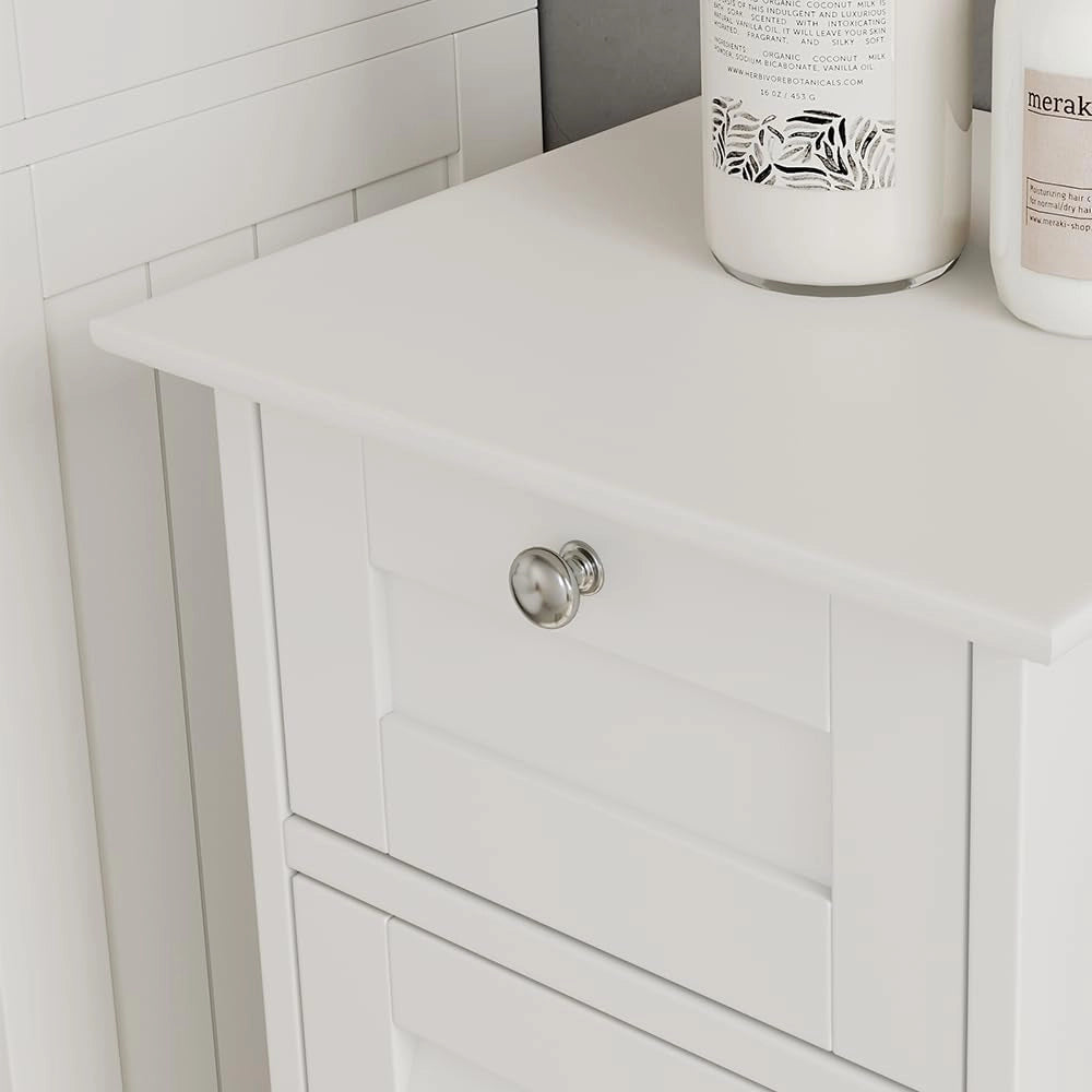 Mobiletto bagno Riad, Bianco, 32 x 87 cm con anta e cassetto, per montaggio a parete per riporre accessori da bagno