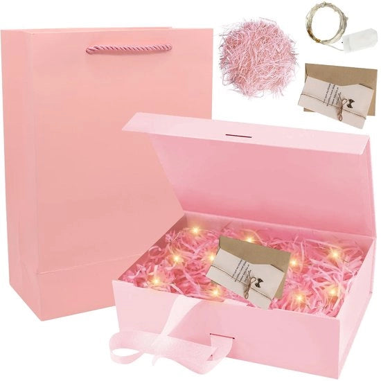 Scatola di regalo con coperchio - Scatola magnetica - Luce LED - Banderine decorativa - Imballo per regalo - Dimensioni 21 x 17 x 7 cm