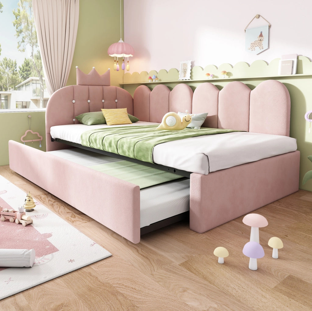 Letto daybed a L con letto estraibile 90x200 cm in velluto rosa; design corona e griglia