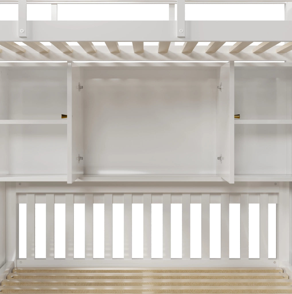Letto a castello con contenitore 90x200 cm + 140x200 cm; in legno massiccio e MDF; bianco