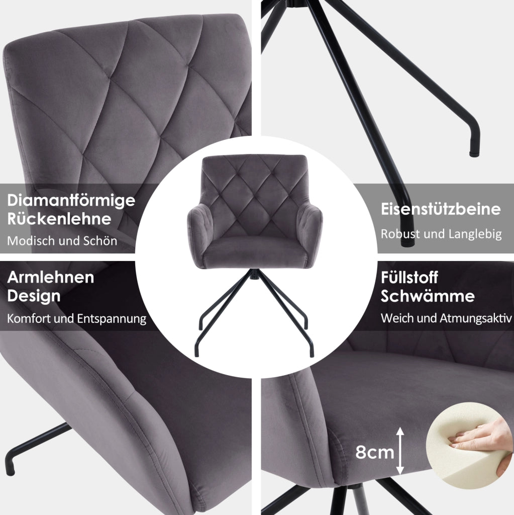 Set di 2 sedie imbottite in velluto grigio scuro con braccioli