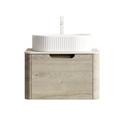 Mobile bagno sospeso con lavabo ovale e cassetto ammortizzato; piano in pietra sinterizzata; 60×46×50.2 cm