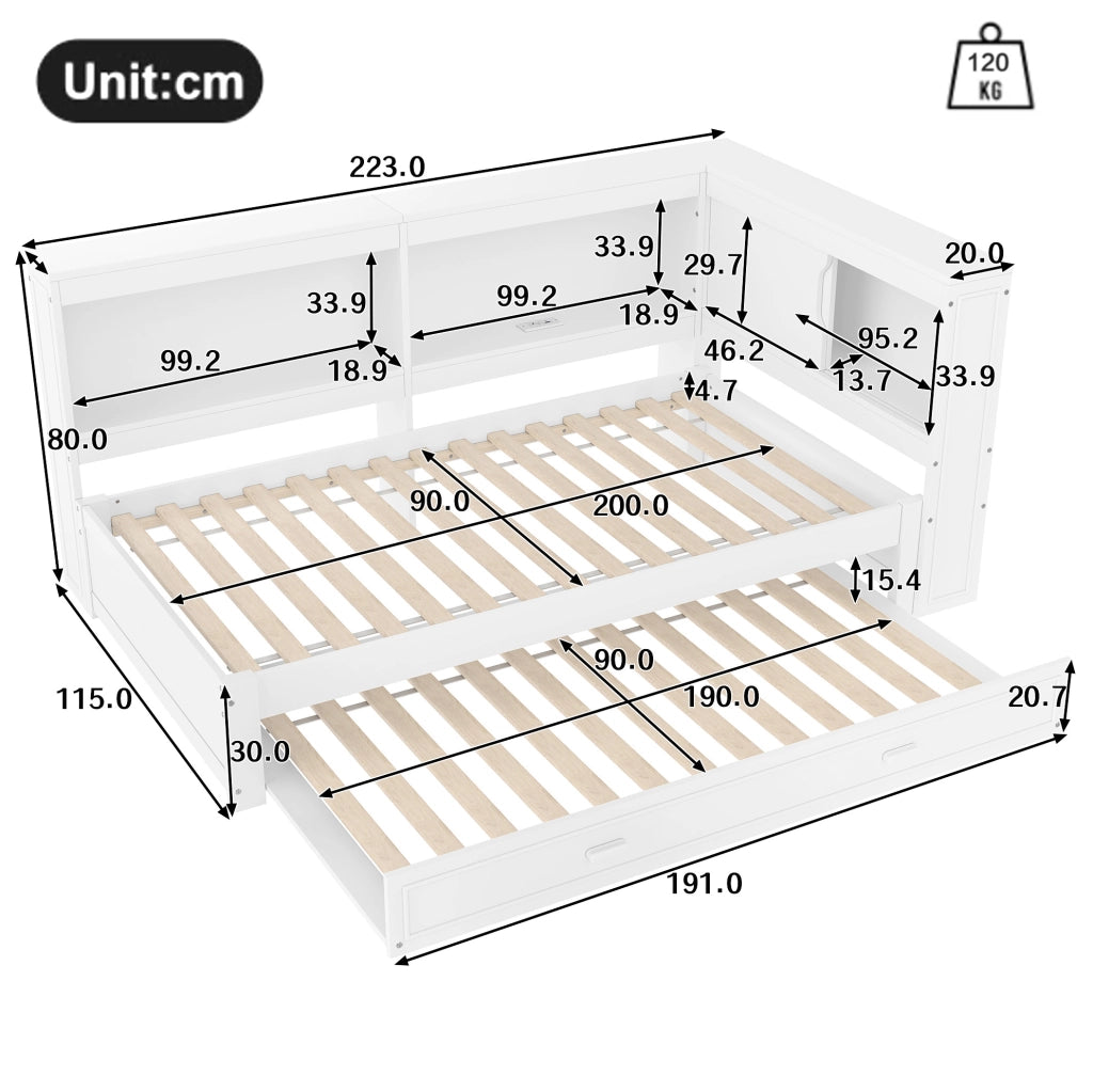Divano letto 90x200 cm bianco con letto estraibile, LED e porte USB/Type-C