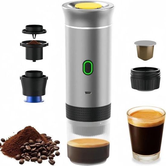 Caffettiera portatile, 3-in-1 caffettiera elettrica, compatibile con capsule di caffè e caffè macinato, supporta raffreddamento e riscaldamento (argento).