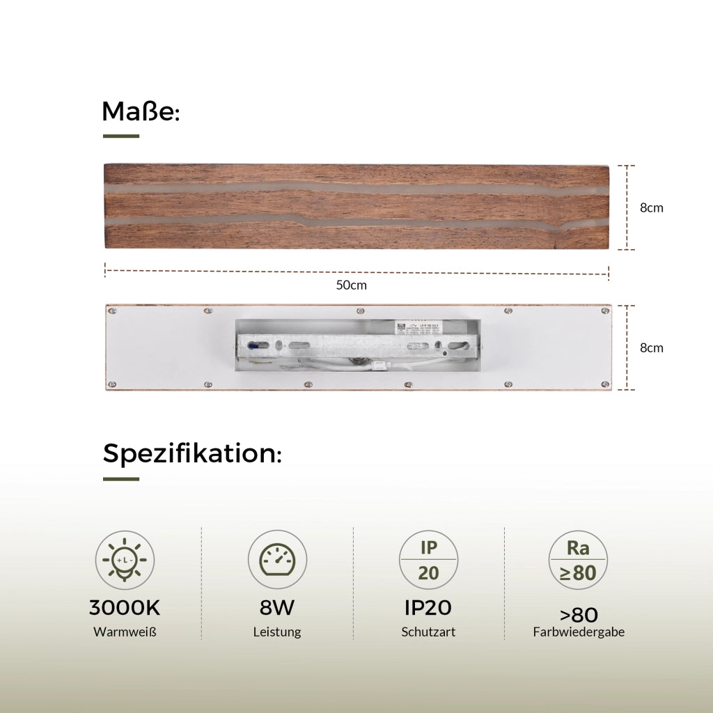 ZMH Lampada da Parete LED Legno 50cm Moderna 3000K 8W per Soggiorno Interni