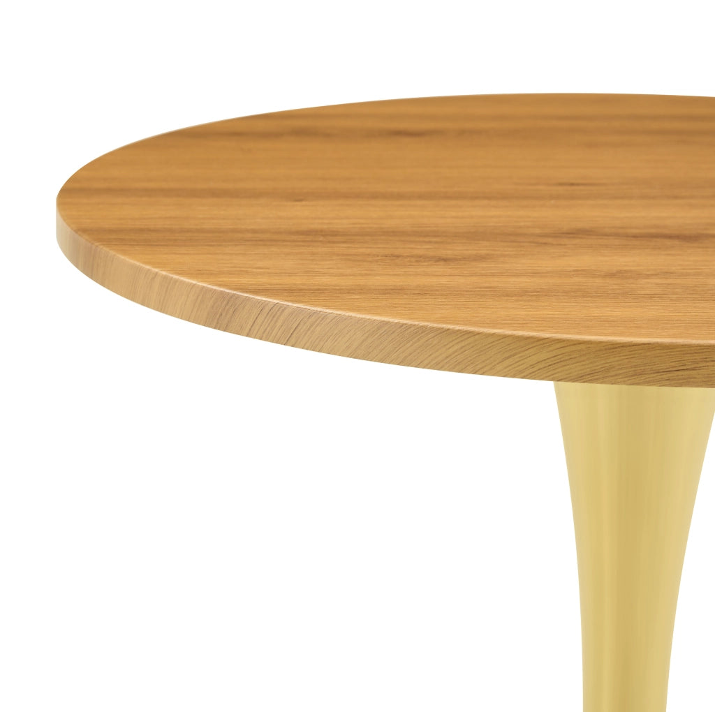 Tavolino rotondo moderno in MDF e metallo; altezza 72 cm; effetto legno e oro