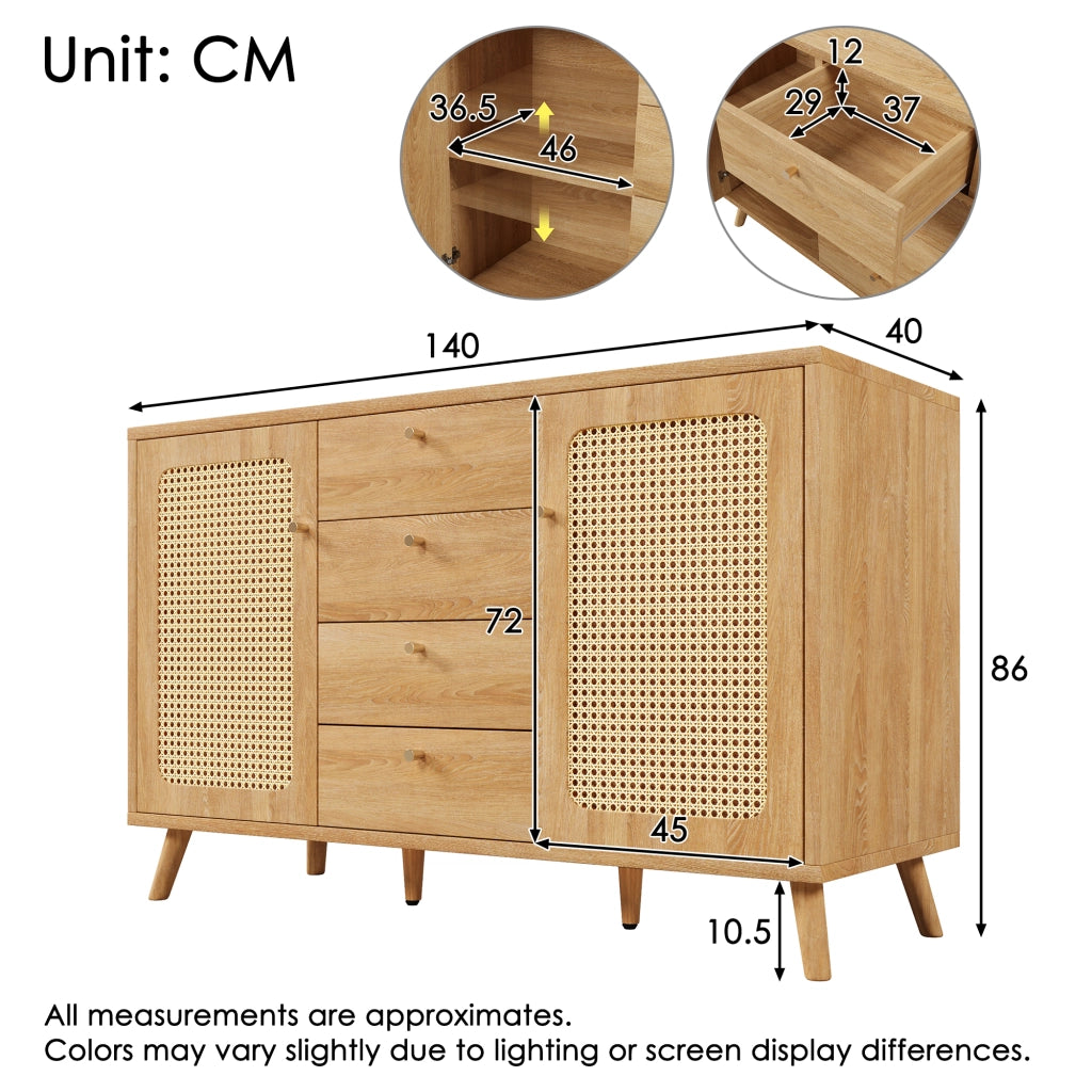 OKWISH Credenza con 2 Ante e 4 Cassetti, Ripiani Regolabili, per Soggiorno Sala da Pranzo Ingresso, 140 x 40 x 86 cm