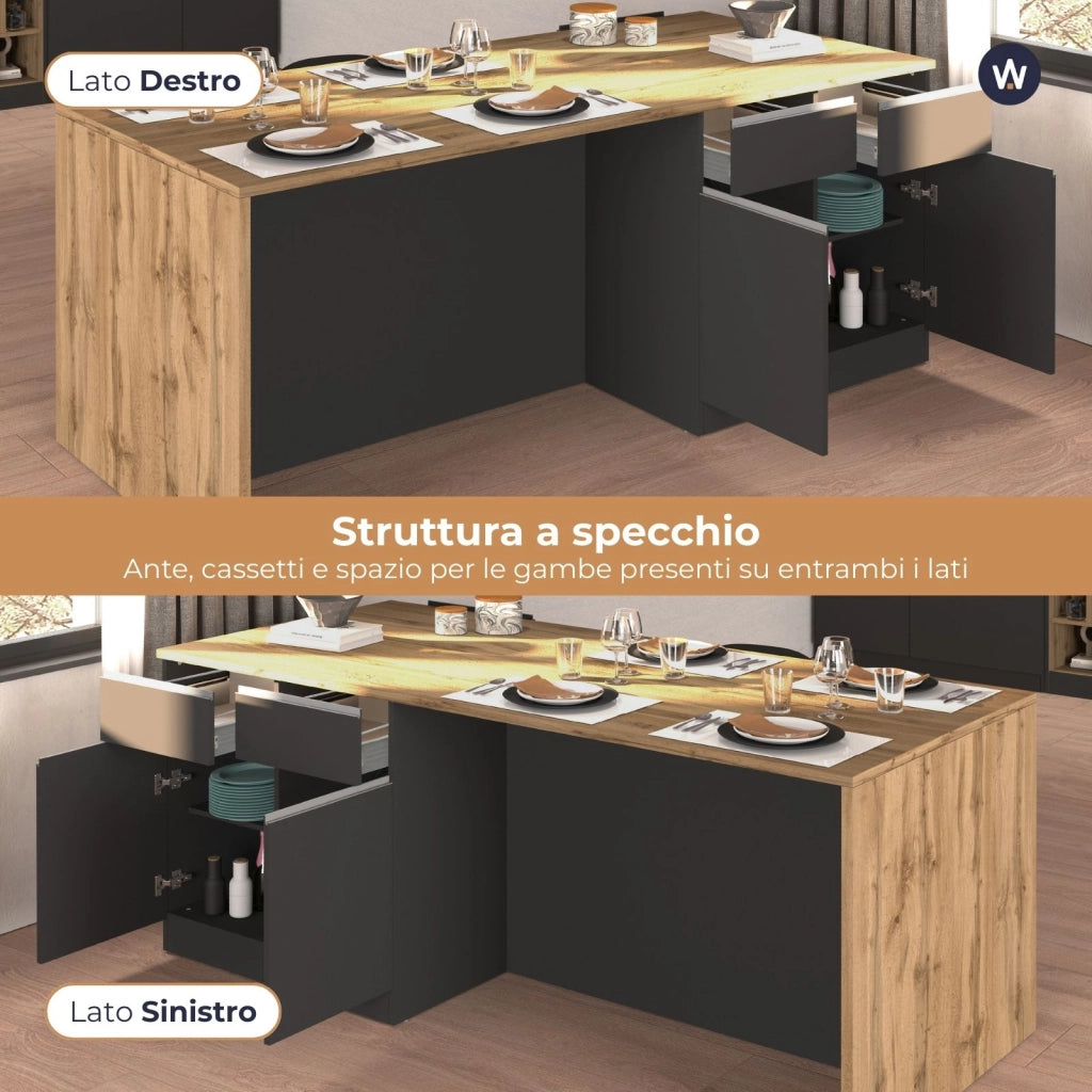 WHOUS Isola da cucina Sole a 4 ante e 4 cassetti antracite opaco/rovere 200x90x90 cm