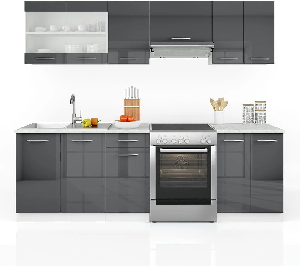 Mobile da cucina Raul, Antracite lucido/bianco, 240 cm, PL Marmo, combinabile in modo flessibile con elementi modulari