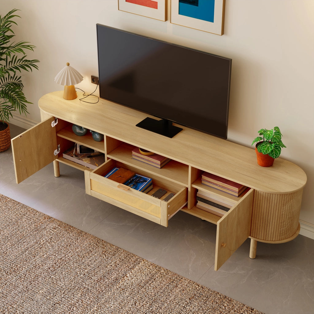 OKWISH Mobile TV con 2 Ante, 1 Cassetto e Vani Aperti, Passacavi, Stile Naturale per Soggiorno, MDF, 175 × 36 × 51 cm