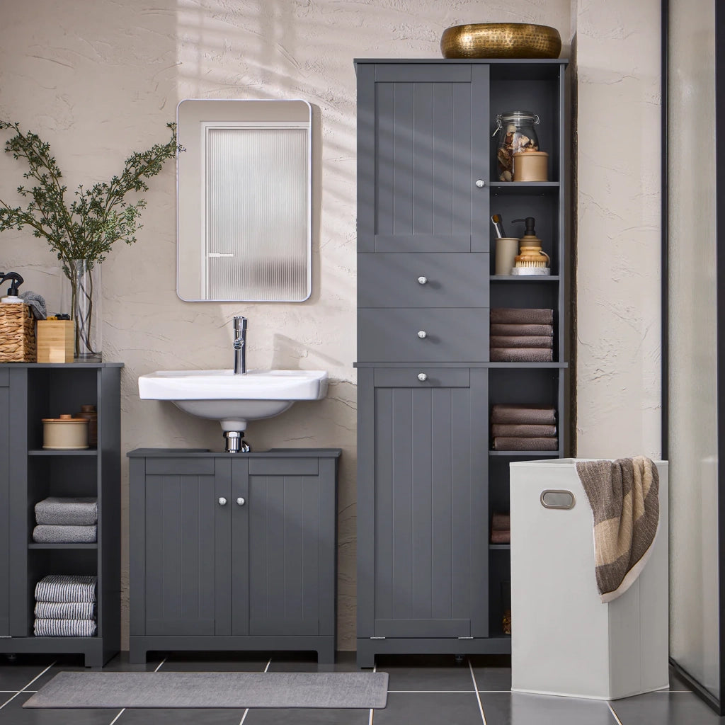 Mobile alto con portabiancheria apribile Armadietto da Pavimento Mobile bagno Grigio 60x37x170cm BZR104-DG