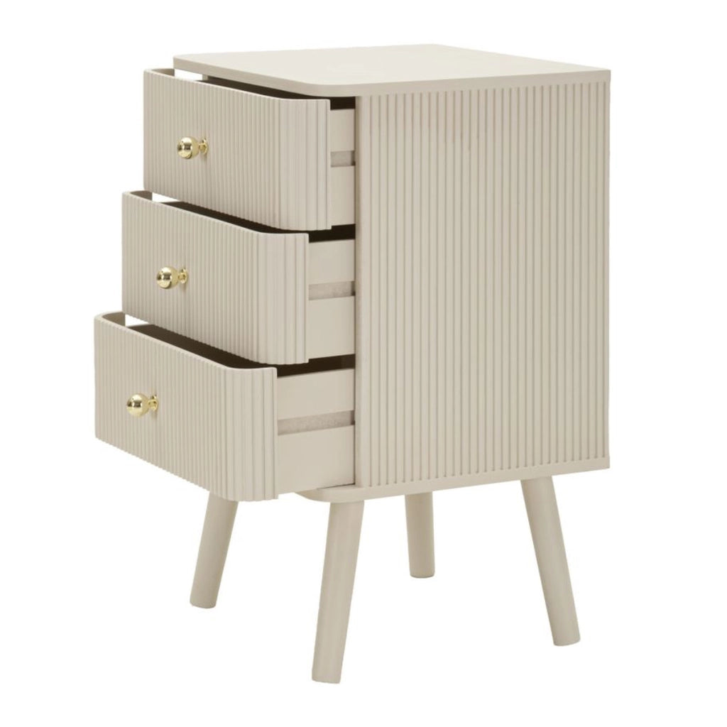 Comodino Shy a 3 cassetti in legno bianco e dettagli oro