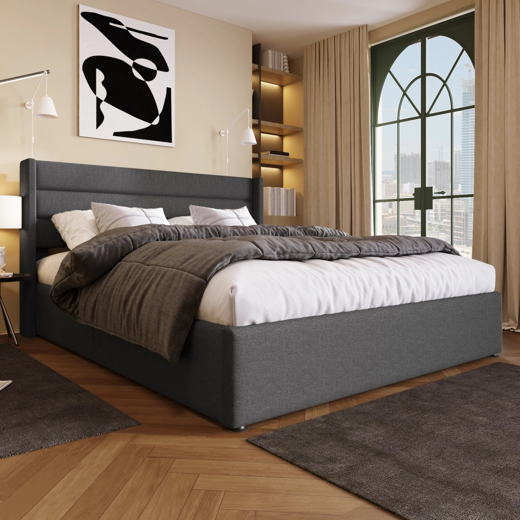 Letti contenitori 160x200 cm; sollevamento idraulico; lino; grigio (Senza materasso)