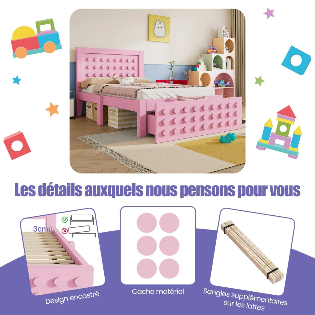 OKWISH Letto Bambini 90×200 cm, Letto Singolo con 1 Cassetto, Spazio contenitore sotto Letto e Bordi Smussati, senza Materasso, Legno, Rosa