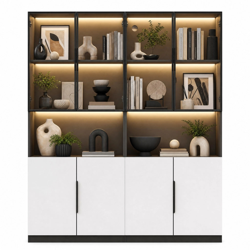 Vetrina moderna in bianco e nero con ante in vetro, LED regolabile, 160x30x200 cm