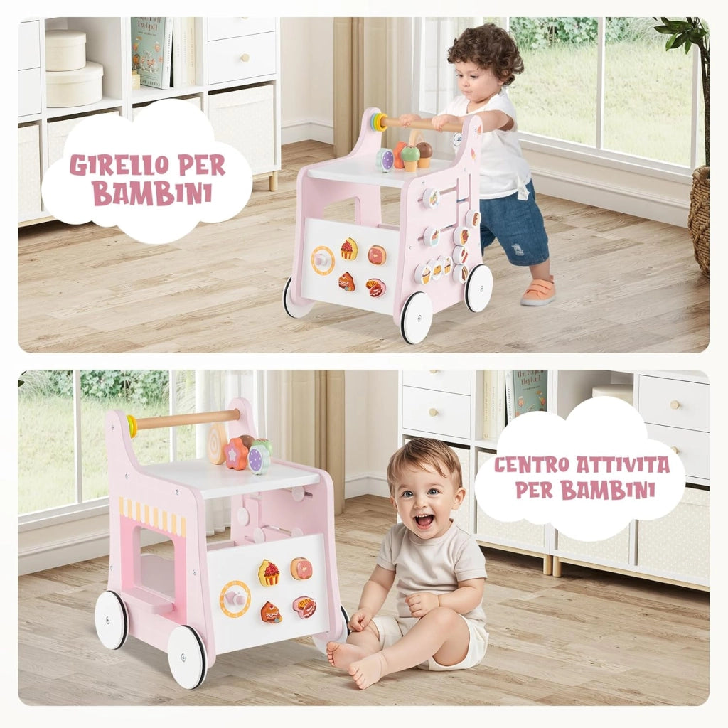 Girello 2 in 1 per Bambini, Carrello Primi Passi in Legno con Spazio di Archiviazione, Negozio di Dolci con Gelati, Cursori, Labirinto, Piatto e Cucchiaio, Centro Attività per 1+ Anni (Rosa)