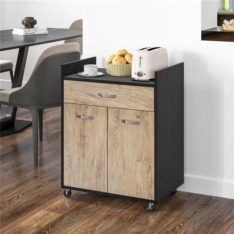 CARRELLO DA CUCINA CON CASSETTO, ARMADIETTO E 4 RUOTE IN LEGNO, 60X40X77CM, NERO