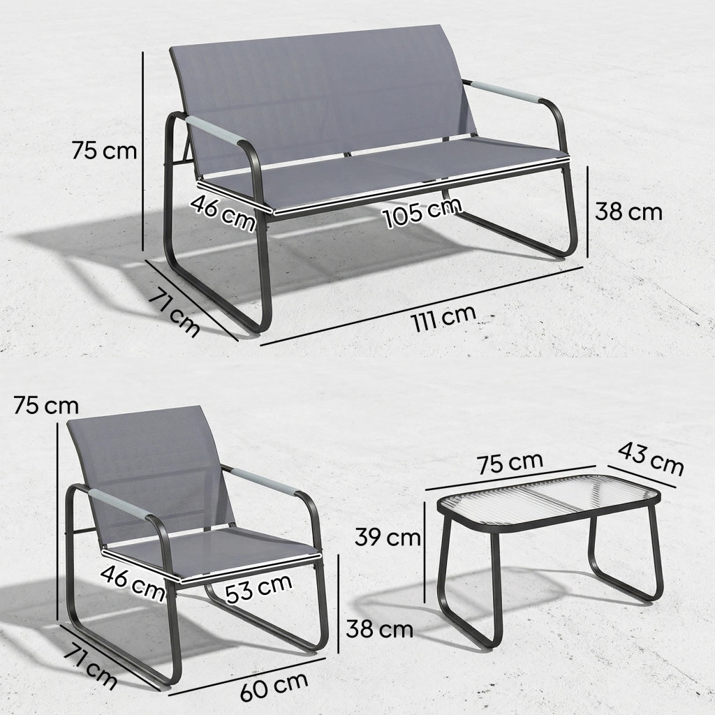 Set 4 Pezzi da Giardino con Divano 2 Posti 2 Sedie e Tavolino Struttura in Metallo Grigio