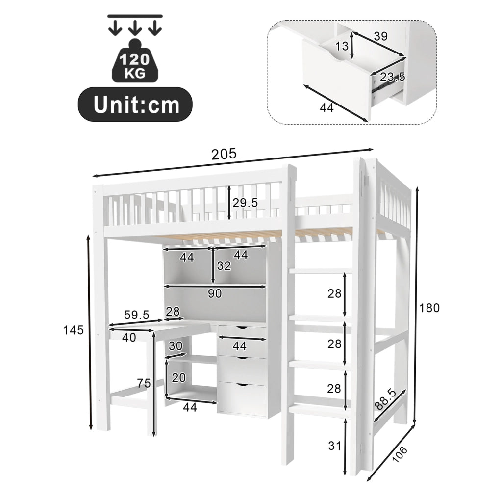 Letto a soppalco 90x200 cm con scrivania; cassetti e vani aperti in legno e MDF bianco
