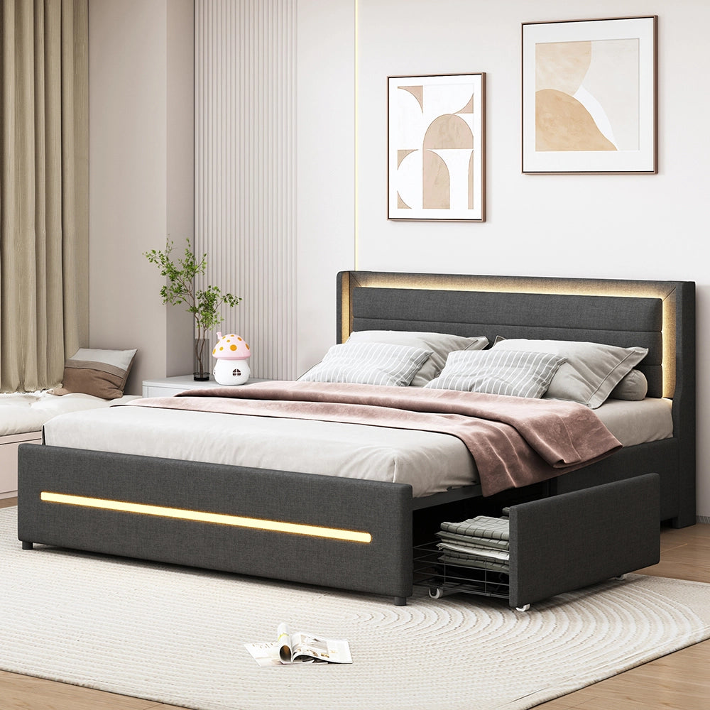 Letto imbottito con LED colorati - Xylo - 160x200 cm - Grigio - Con 4 cassetti