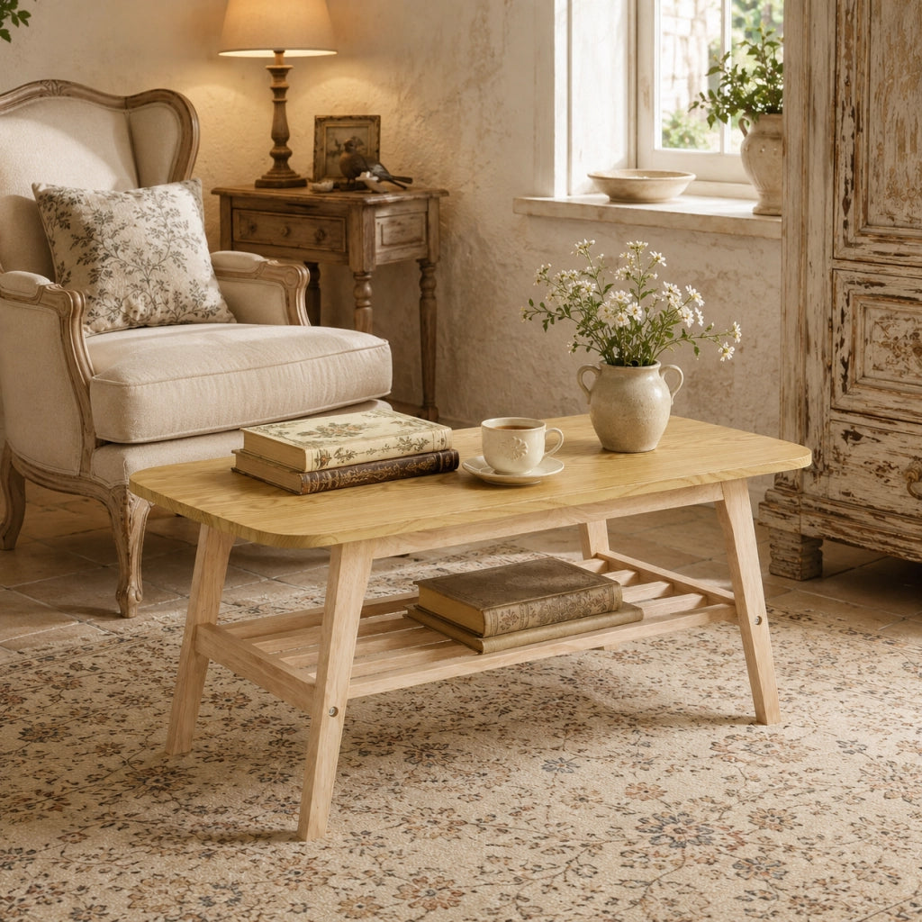 Tavolino basso con 2 ripiani contenitore e base in legno massiccio per soggiorno stile moderno 110 × 58 × 19 cm