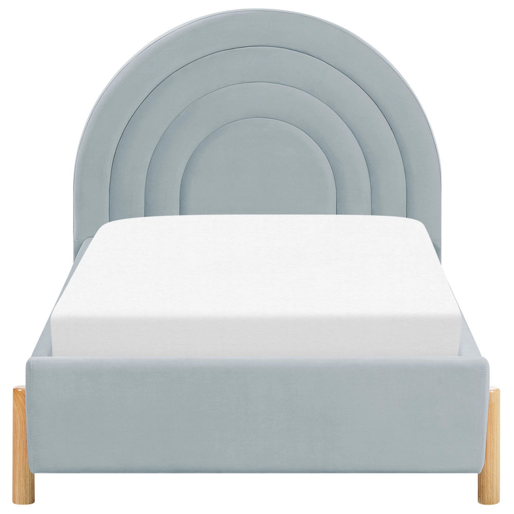 Letto con Contenitore in Velluto azzurro, Misura Singola 90 x 200 cm Design Minimalista Retro con Testiera a Mezza Luna