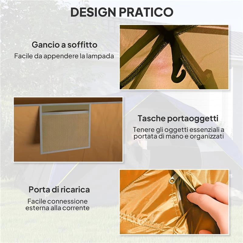 TENDA DA CAMPEGGIO PER 3 PERSONE IMPERMEABILE CON TASCHE GANCIO PER LANTERNA E BORSA DI TRASPORTO ARANCIONE