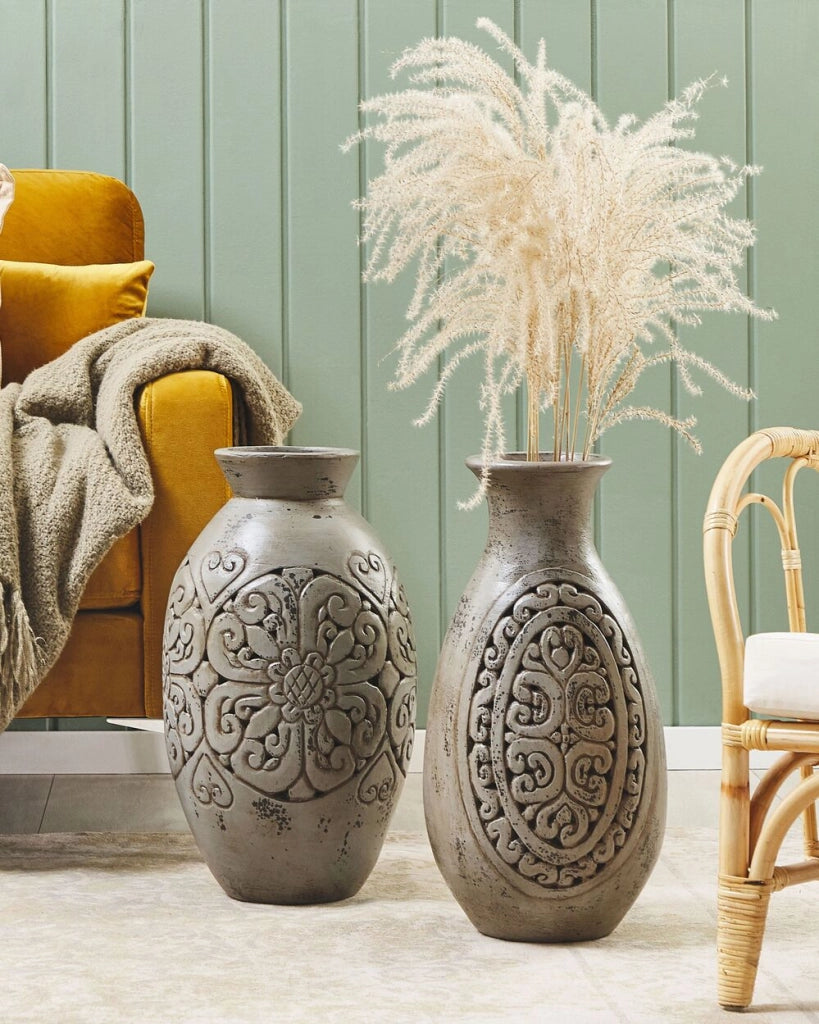 Vaso decorativo alto in argilla grigia 51 cm Vaso da pavimento dipinto a mano di ispirazione greca