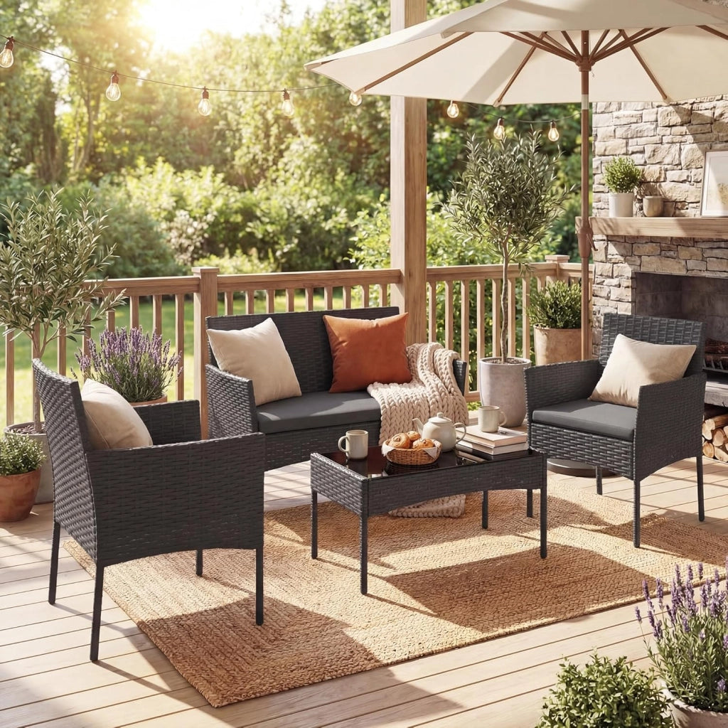 Salotto da Giardino Esterno 4 Pezzi, Set da Esterno in Rattan con Tavolino con Piano in Vetro, Divano 2 Posti e 2 Poltrone, Set da Conversazione con Cuscini per Patio, Balcone e Terrazzo (Grigio)