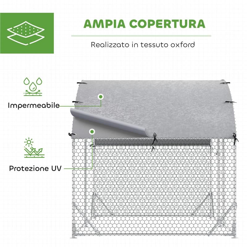 RECINTO PER GALLINE IN METALLO GALVANIZZATO CON TETTO E COPERTURA ANTI UV, 280X190X197 CM, ARGENTO