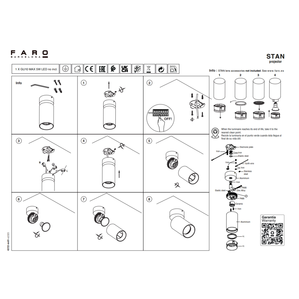 Faro Barcelona - Faretto Orientabile Stan GU10 max 5W - Metallo Verniciato, Installazione a Parete o Soffitto, lampadina esclusa - Bianco