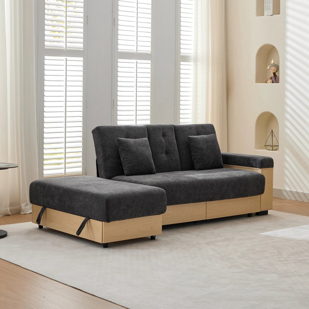 Divano modulare, schienale regolabile, 2 cassetti, tessuto chenille, struttura in MDF, con portabicchieri, poggiapiedi con vano portaoggetti, grigio