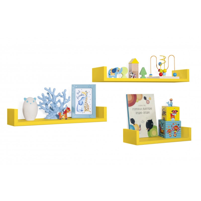 Set di 3 Mensole da Muro, Mensole Muro Design, Mensola da Parete, Giallo Canarino, 60x8 p15,5 cm, 50x8 p15,5 cm e 40x8 p15,5 cm - Calamita