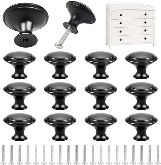 Maniglie per mobili 12 pezzi - Nero - 30mm - Pomo rotondo per porte - Maniglie per armadi - In acciaio inossidabile - Adatto per mobili