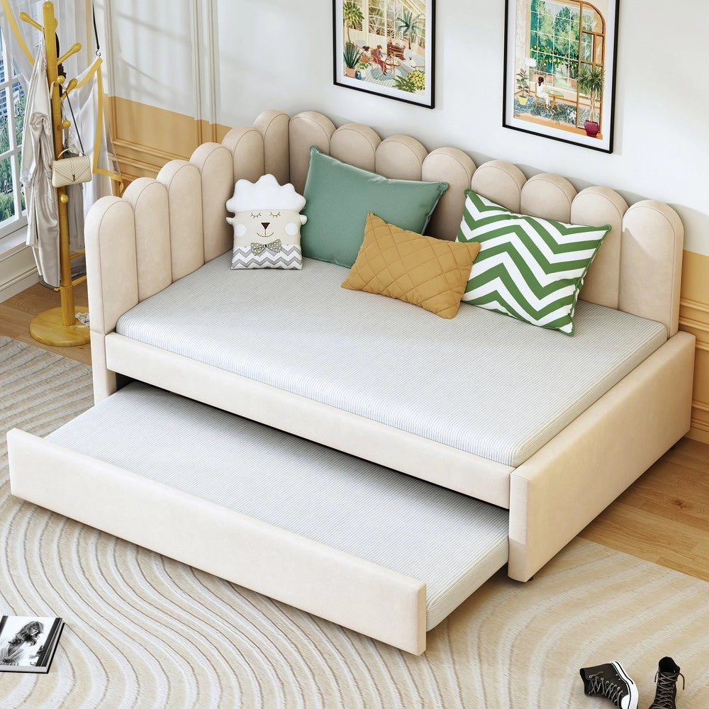 Letto Imbottito con Divano Estraibile a L ¨C MINIMAL ¨C Velluto Beige 140x200